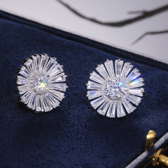 Silver Baguette Round Diamond Sunflower Earrings - Picture 4 of 9